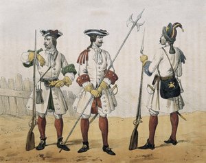 Historia organica de las armas de Infanteria y Caballeria espanolas. Line infantry during the reign of Philip V of Spain. Rifleman, Sergeant and Grenadier by Spanish School