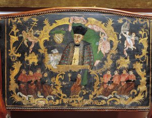 Depiction of Bishop-Rector of University, detail from back of painted leather chair from College of St Bartholomew in Salamanca, Spain by Spanish School