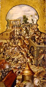 Depiction of the atrocities committed during the fighting for the conquest of the Temple Mayor and the Zocalo piazza by Spanish School