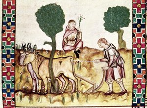 A farmer teaching his son to plough a field by Spanish School