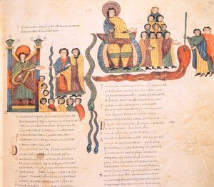 Moses and Aaron before the Pharaoh, Moses with the Serpent and creating one of the Plagues of Egypt by transforming with his staff the waters of the Nile into blood, from the Visigothic-Mozarabic Bible of St. Isidores