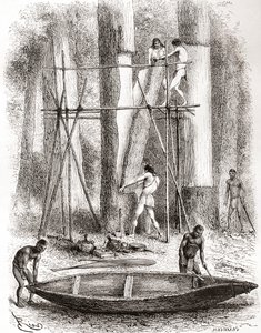 Native Indians building a canoe on the banks of the Oyapock or Oiapoque River, South America by Spanish School