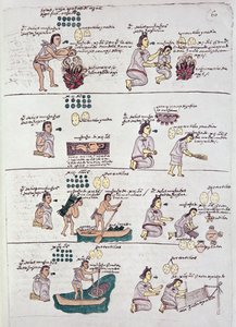 Page from the Codex Mendoza, showing discipline and chores assigned to children, Mexico, c.1541-42 by Spanish School