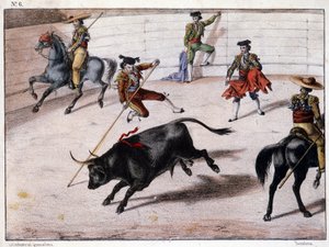 Perch jump, bullfighting in Spain, Spanish lithography, 19th century