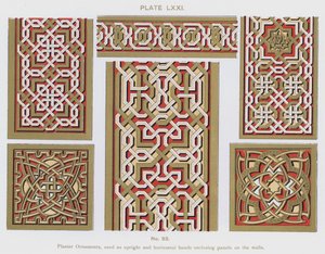 Plaster Ornaments, used as upright and horizontal bands enclosing panels on the walls