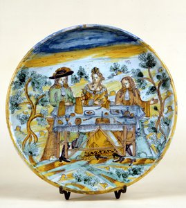 Representation of an outdoor banquet on a ceramic plate of Talavera de la Reina (Spain). Early 16th century. Milan, Museo del Castello. by Spanish School