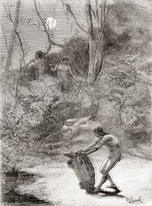 Sunos Indians hunting freshwater turtles in the Napo River, Ecuador by Spanish School