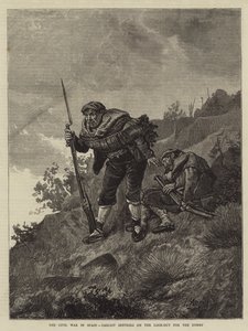 The Civil War in Spain, Carlist Sentries on the Look-Out for the Enemy (engraving) by Spanish School