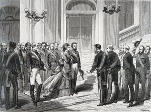 The King of Spain Amedee I and his wife Queen Mary Victory on their arrival at the Royal Palace in Madrid on March 19, 1871. Engraving from 