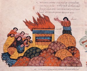 The Prophet Elias prays on Mount Carmel for the God of Israel to be vindicated before the priests of Baal and fire falls from heaven, from the Visigothic-Mozarabic Bible of St. Isidores, A.D. 960