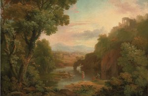 A Classical Landscape with Fishermen and a Washerwoman, a Hilltop Villa and Mountains Beyond
