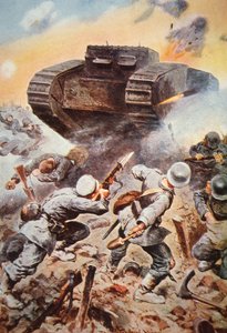 British tank in action against Germans on the Western Front in WWI by Stanley L. (after) Wood