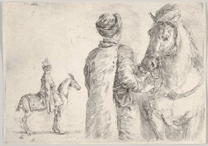 A Polish valet, seen from behind, holding the bridle of a horse to right, ca. 1662 by Stefano della Bella