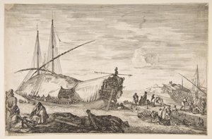 A galley covered in sails to left, six cannons and four people to left in foreground by Stefano della Bella