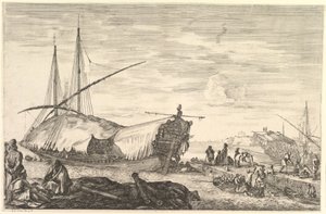 A galley covered in sails to left, six cannons and four people to left in foreground by Stefano della Bella