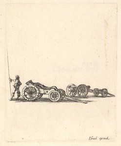 A mortar and a cannon, both mounted on carriages, a soldier shown from the back, ca. 1638-43