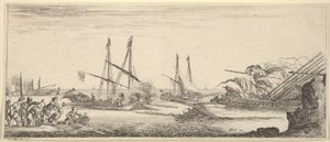 A Naval Battle, a Rowboat Full of Men to Left, a Sinking Ship to Right, Two Galleys Battling, ca. 1641 by Stefano della Bella