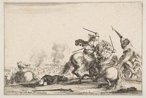 A Skirmish, Two Horsemen Battling with Swords to the Right, Men Carrying a Flag Running, ca. 1645