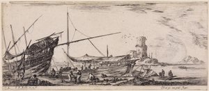 Loading of Various Ships: Workers in a Port and Six Cannon Barrels by Stefano della Bella