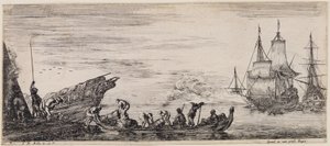 Loading of Various Ships: At left, a loading quay with a guard post and dockworkers unloading a boat by Stefano della Bella