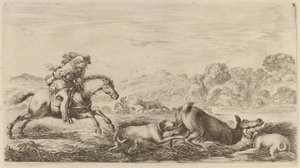 Doe in a Marsh Attacked by Two Dogs by Stefano della Bella