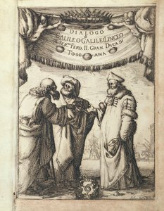 Galileo conversing with Ptolemy and Copernicus, illustrated frontispiece from Dialogue Concerning Two Chief World Systems, Ptolemaic and Copernican