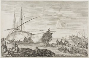 La galère dont le pont est couvert de voiles by Stefano della Bella