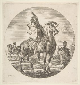 Moorish horseman in profile facing right, a black slave holding a fur at right, another