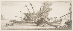 Naval combat, a ship at center, seen from behind, firing at four enemy ships