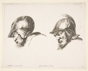 Plate 10: Two Heads of Old Soldiers Wearing Helmets, Both Facing Left and Looking Down by Stefano della Bella