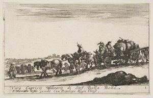 Plate 1: A horse drawn cart carrying people and goods, dead horse in the foreground by Stefano della Bella