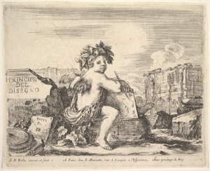 Plate 1: the genius of drawing, a child with wings, seated on a rock in center turned to the left