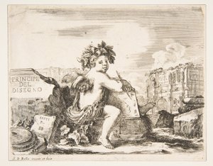 Plate 1: the genius of drawing, a child with wings, seated on a rock in center