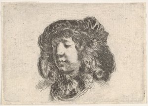 Plate 34: head of a young man in a cap adorned with a few feathers, turned three-quarters, ca. 1646 by Stefano della Bella