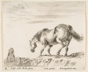 Plate 4: a horse in profile facing the left, about to descend from a mound, a horse..., ca. 1644-47 by Stefano della Bella