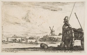 Plate 5: A Pikeman standing at right next to a cannon, other military figures, ca. 1641 by Stefano della Bella