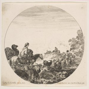 Plate 5: A Woman Carrying a Child on a Horse at Left, a Camel Following Her, a Herd of...