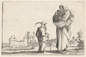 Plate 7: a peasant woman carrying a child to right, speaking to another child standing, ca. 1642 by Stefano della Bella