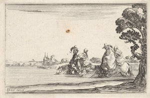 Plate 8: two horsemen in hats at right, each with a woman seated behind them, riding, ca. 1642 by Stefano della Bella