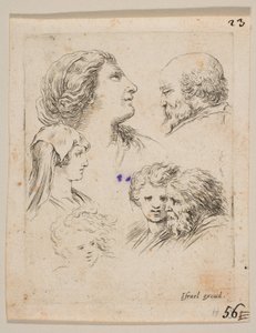 Plate 9: Five Heads, Two Young Women at Left, a Bearded Man at Upper Right, a Young Woman by Stefano della Bella