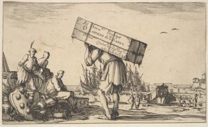 Title Page: A Man Carrying a Case on His Back in Center, Three Men Looking Towards Him by Stefano della Bella