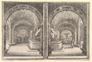 Two Views of a Grotto, Both Views with a Fountain with a Seated Statue by Stefano della Bella