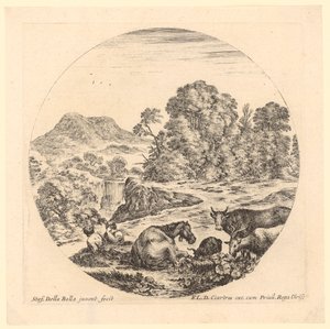 Two Shepherds with Their Flock in a Rocky Landscape with Waterfall