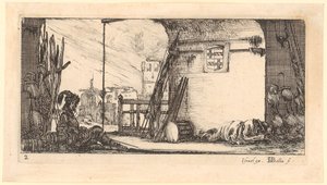 Two Soldiers with Armor and Weapons under an Archway by Stefano della Bella