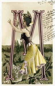 M: Mlle Marville, artist from 1900s - Alphabet in postcard by Studio Reutlinger