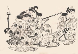 Samurai and Courtesan Seated, A Servant Beside Them