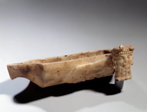 Art of Mesopotamia: Lamp decorated with an androcephal bull (in alabaster) Sumerian period (around 2400 BC). Paris, Musee Du Louvre by Sumerian Mesopotamian School
