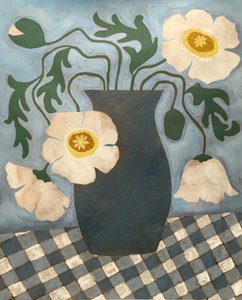 White Poppies Blue Vase