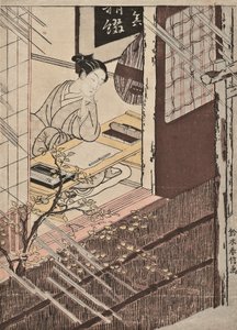 A woman seated at a writing desk looking out at the rain by Suzuki Harunobu