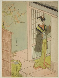 Beauty Admiring a Bush Warbler Singing in a Plum Tree by Suzuki Harunobu